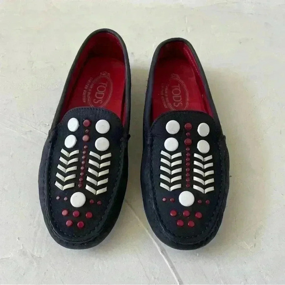 Tod's Gommini Embellished Suede Loafer Dark Navy Red Size 35 - Picture 2 of 12